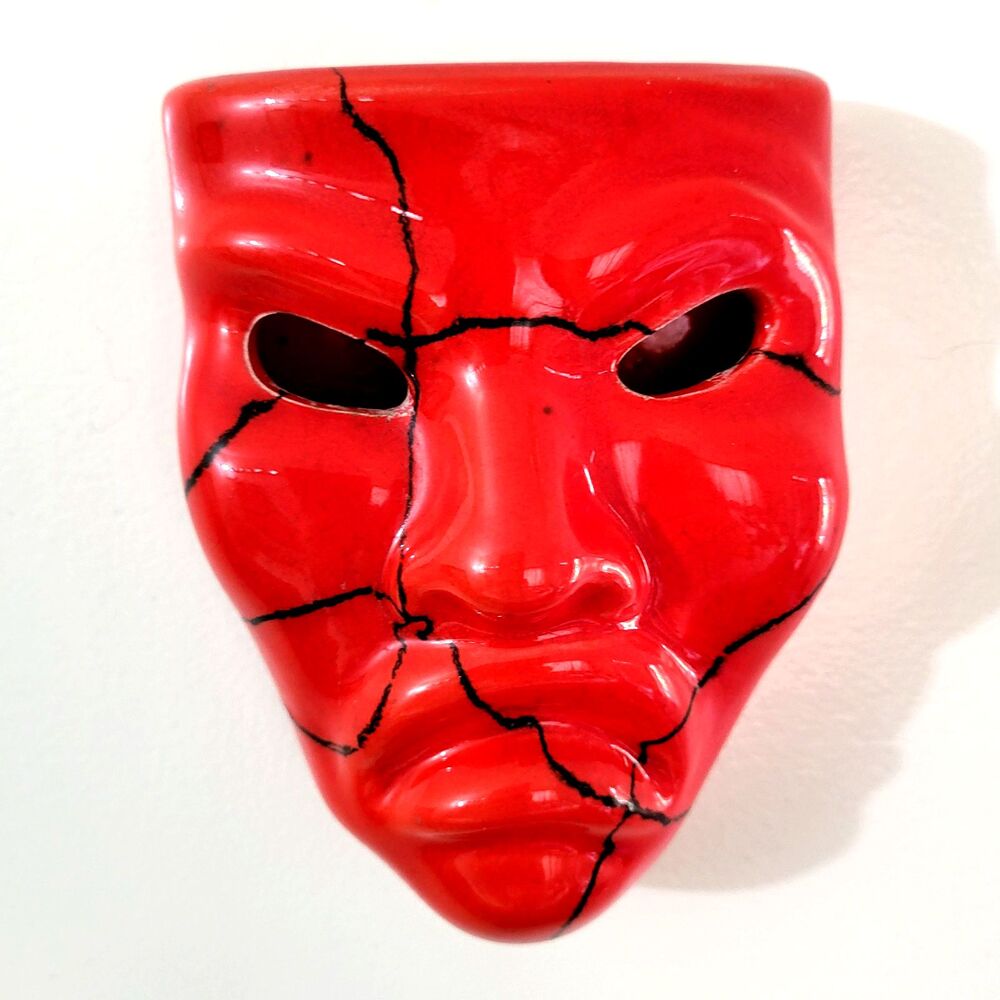 Vintage Mid Century California Pottery Wall Mask Red Crackle 42-T Tiki Atomic